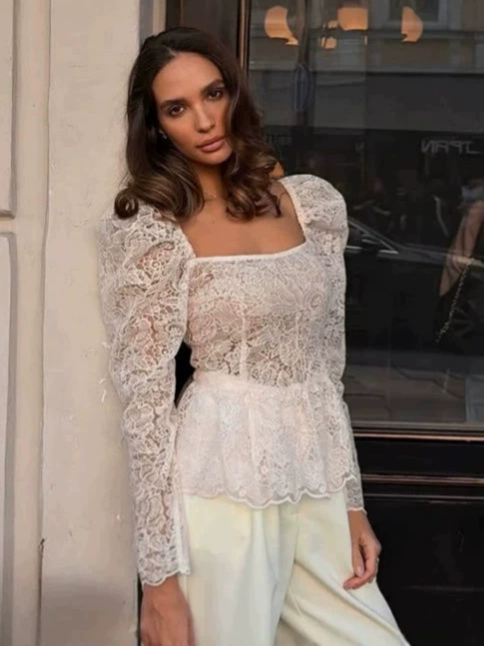 Forever 21 Apricot Lace Top Autumn Square Neck Puff Sleeve Waist Cinching